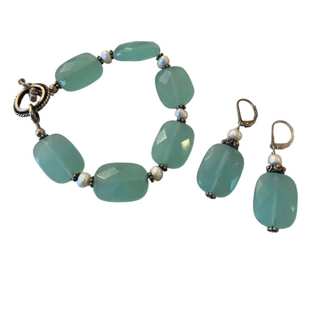 Sterling Silver Faceted Chalcedony Beaded Bracelet and matching drop earrings